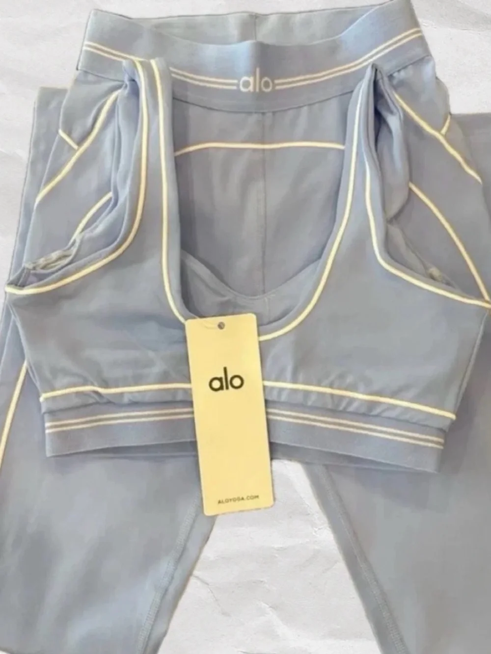 ALO Yoga Pale Blue Sports Bra with Cream Piping